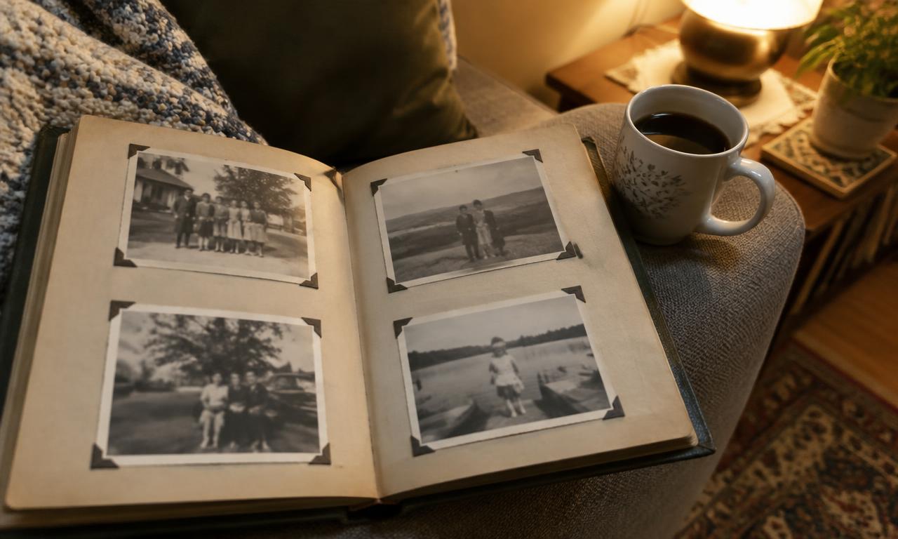 The family album open in the living room, when an evening pauses to leaf through the decades.