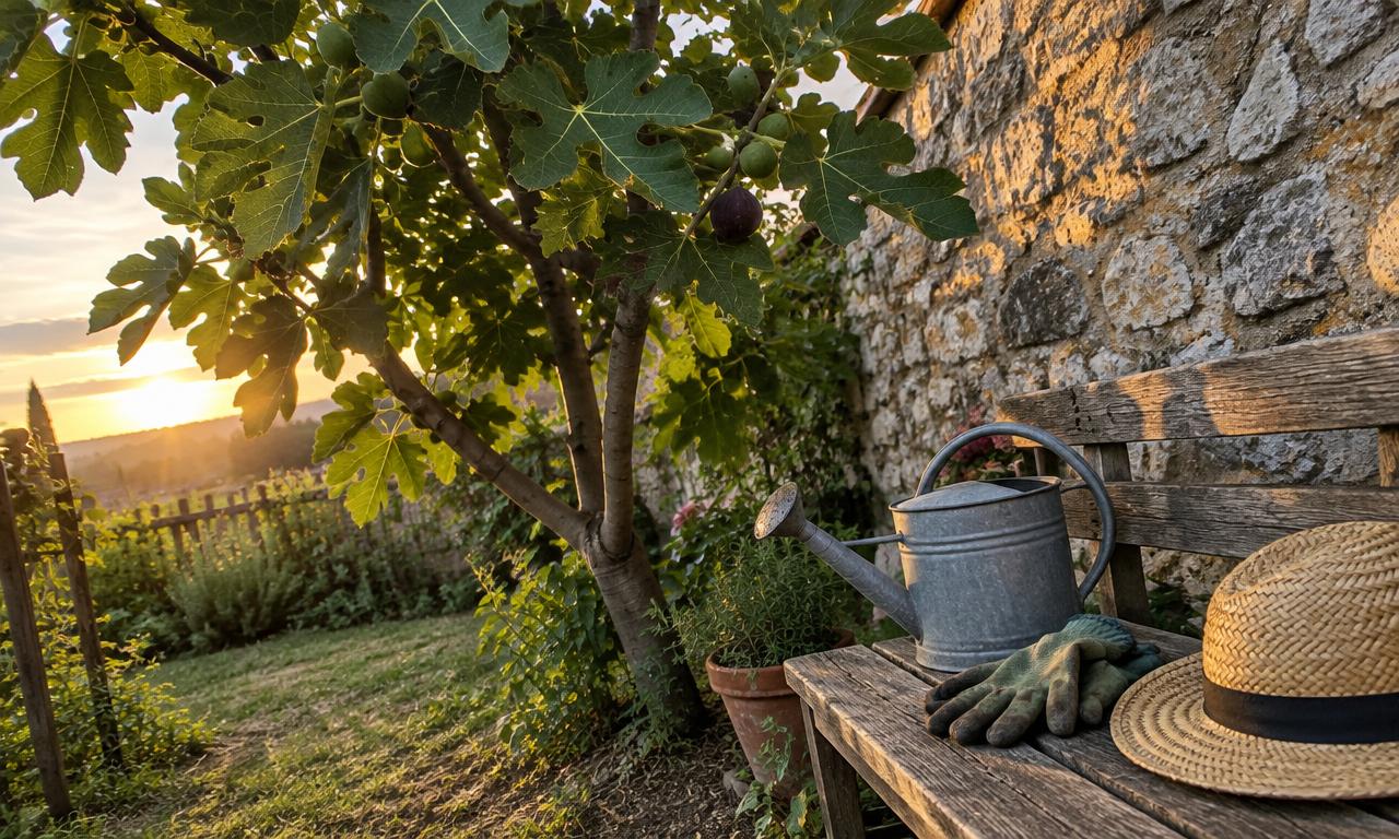 The garden in late afternoon, when the fig tree, the bench and the hat return to their usual places.